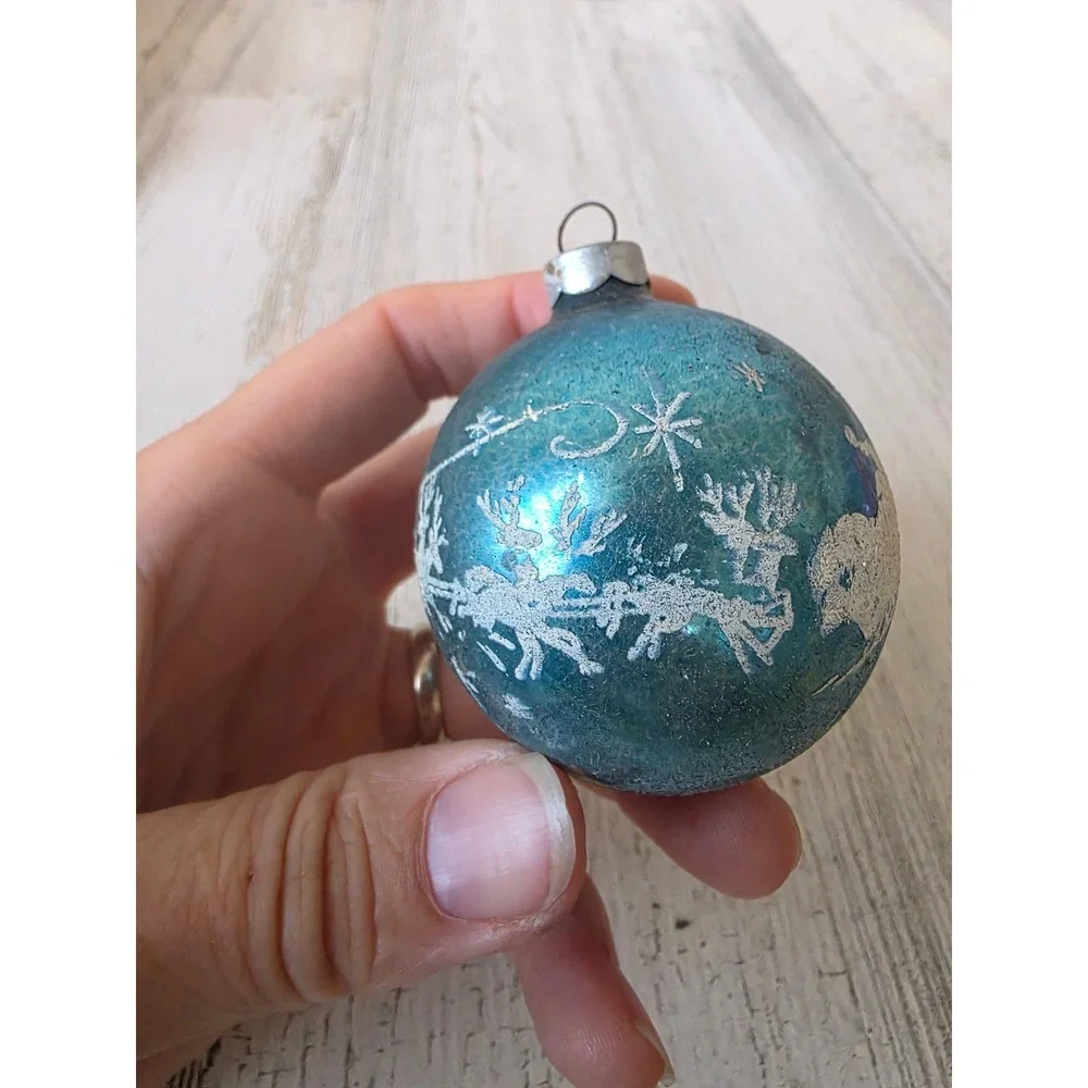 Vintage Santa reindeer stencil blue Glass ornament deer slay Xmas tree